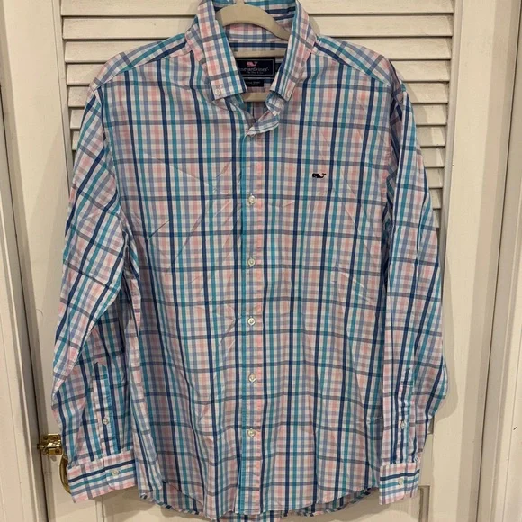 Vineyard Vines Men's Casual Blue and Pink Check Shirt - Picture 1 of 3